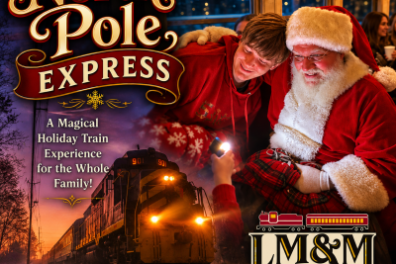 Santa with family on festive train ride, labeled 'North Pole Express' and 'LM&M Railroad.'