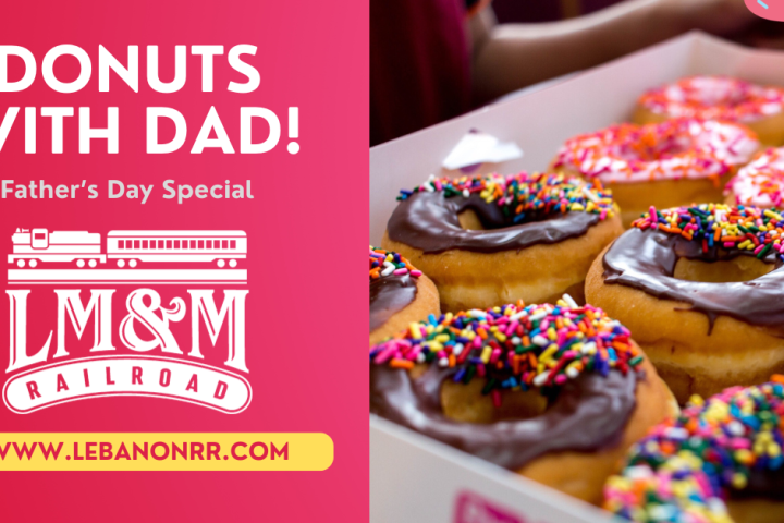 Promo for Donuts with Dad, LM&M Railroad, with a box of frosted donuts.