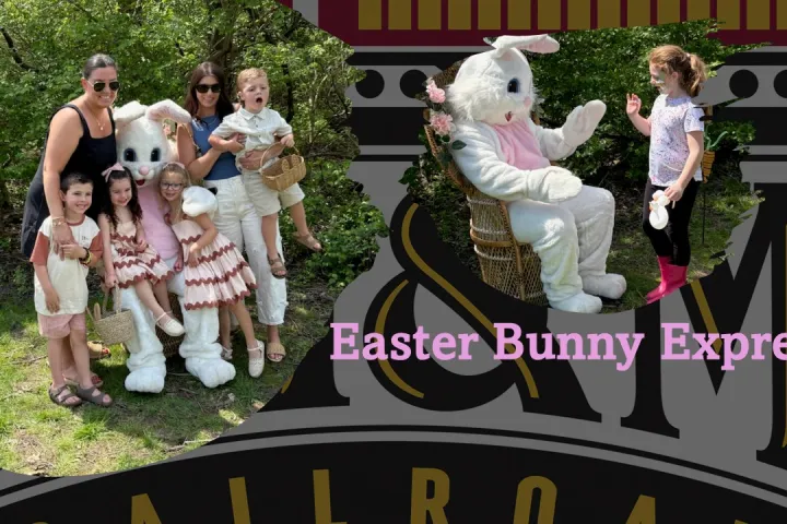 Group with Easter Bunny and child talking to seated bunny, text: 'Easter Bunny Express' overlaid.