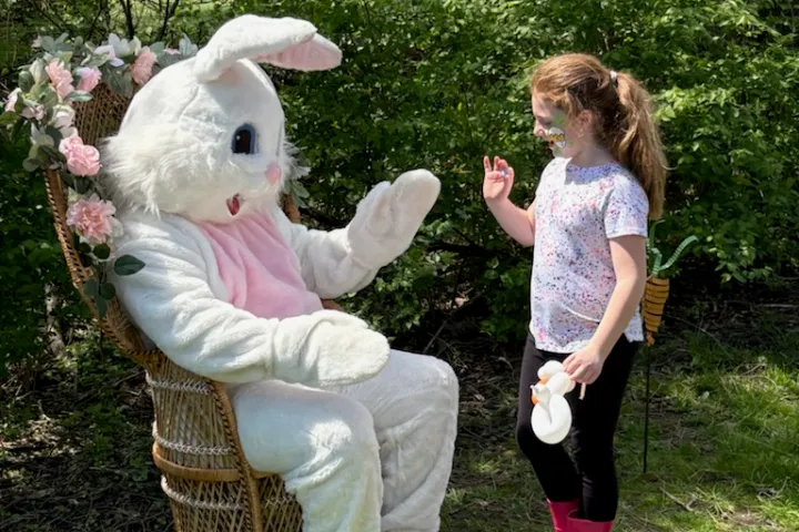 Child with face paint greets person in Easter Bunny costume on a chair in a sunny garden.