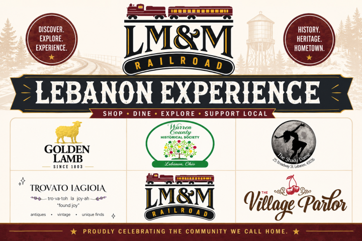 Logos of businesses and railroad promoting Lebanon Experience on a vintage-themed poster.
