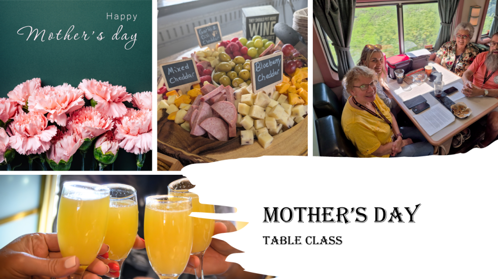 Collage of Mother's Day flowers, cheese platter, women on a train, and cocktails.