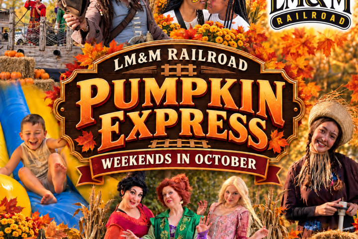 People in costumes promote LM&M Railroad's Pumpkin Express with pumpkins, fall decor, and train graphics.
