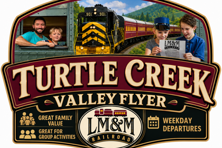Turtle Creek Valley Flyer poster with train, family, and conductor.