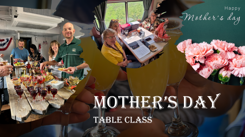 Collage of Mother's Day table setting, people dining, and pink flowers.