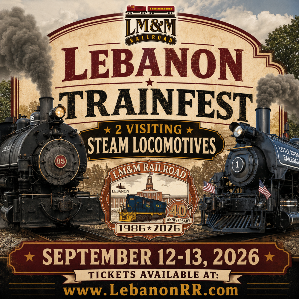 Poster of Lebanon Trainfest with two steam locomotives and event details for September 12-13, 2026.