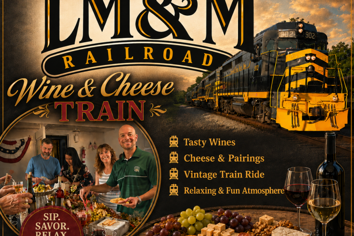 Vintage train with wine and cheese theme, people enjoying tastings in a rustic setting.