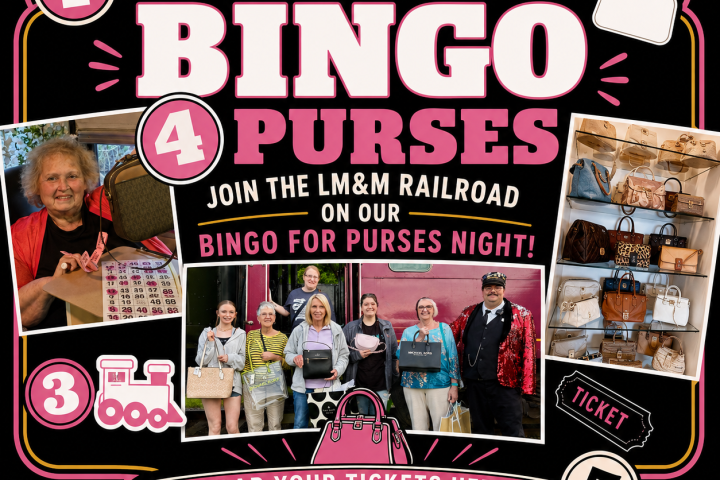 Bingo for purses event poster with photos of participants and train theme.