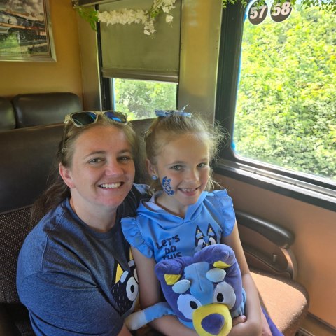 Woman and girl smiling on a train, girl holding a blue plush toy.