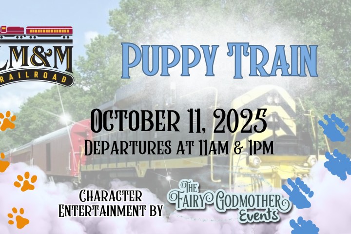 Puppy Train event on October 11, 2023, with departures at 11 AM and 1 PM by LM&M Railroad and character entertainment.
