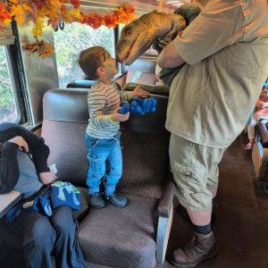 Child with face paint interacts with a man holding a dinosaur puppet on a decorated train.