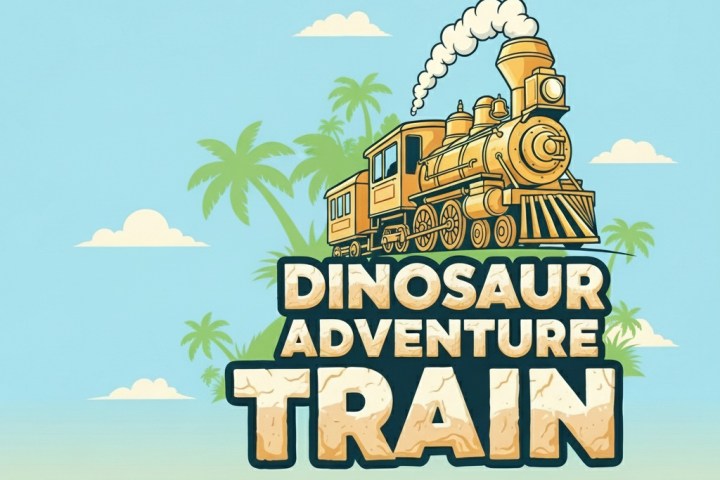 Illustrated train with 'Dinosaur Adventure Train' text and palm trees in the background.
