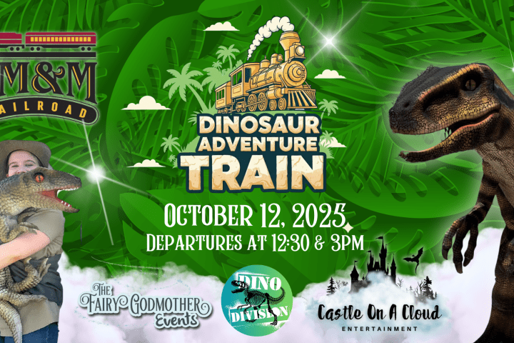 Dinosaur Adventure Train event banner with date, times, and sponsors, featuring dinosaurs and train illustrations.