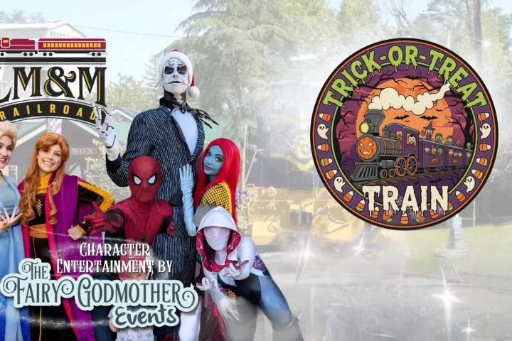 Costumed characters promoting a Trick-or-Treat train event by LM&M Railroad.