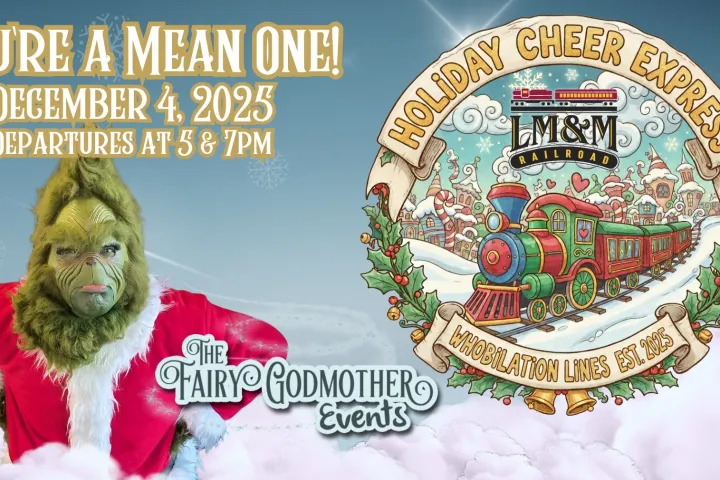 Green character in Santa suit, train illustration, event details for December 4, 2025.