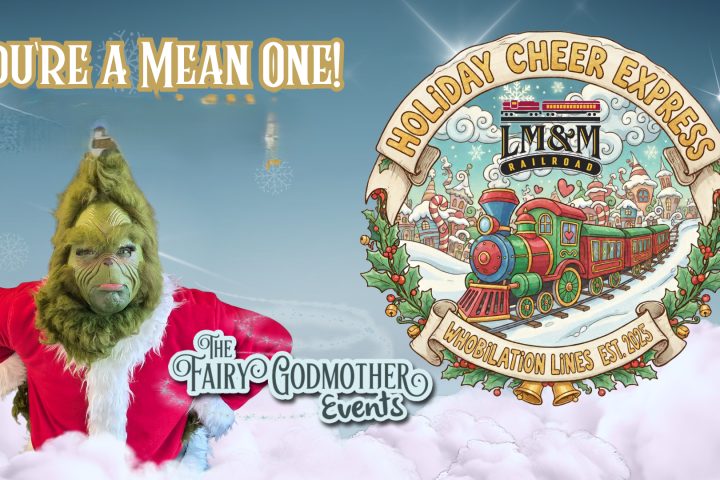 Grinch in red coat, holiday train logo, snowflakes, text: You're a Mean One!