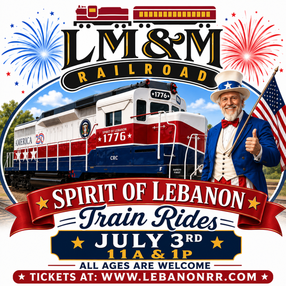 Festive train ride poster with an Uncle Sam figure and train, fireworks, July 3rd event info.