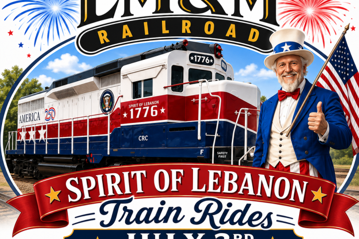 Festive train ride poster with an Uncle Sam figure and train, fireworks, July 3rd event info.
