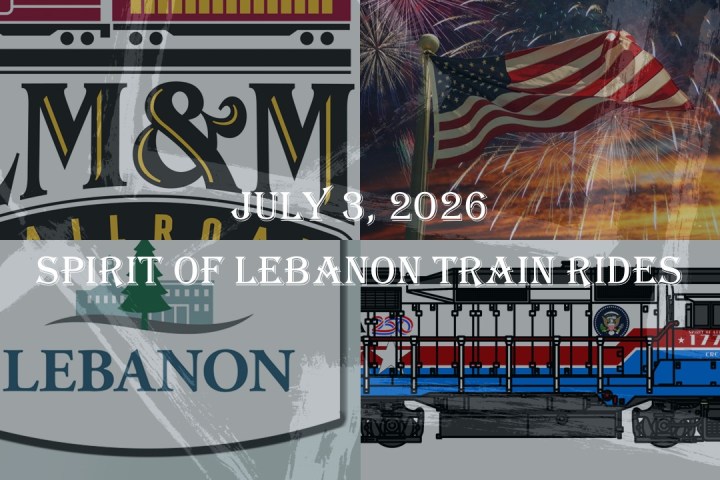 Lebanon train ride poster with fireworks and American flag.