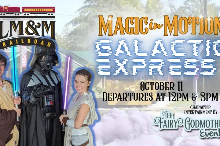People in space costumes with event info, 'Magic in Motion: Galactic Express,' for October 11.