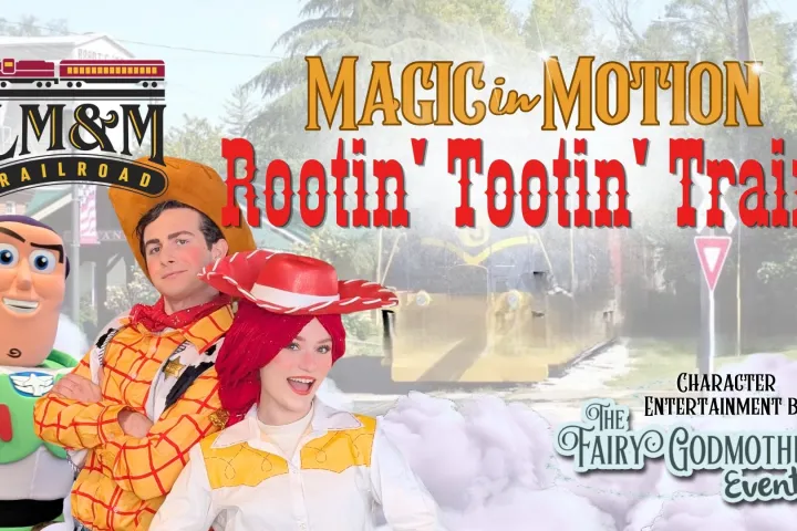 Three costumed characters promoting a train event with logos and text about magic and entertainment.