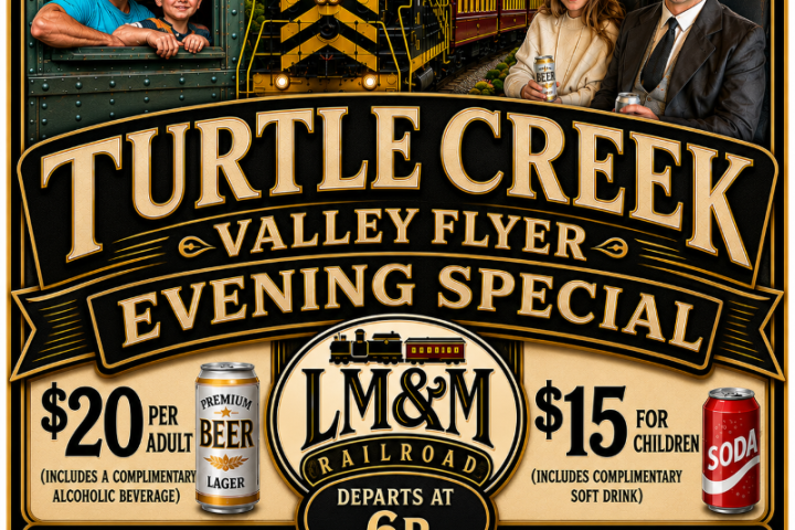 Train poster for Turtle Creek Valley Flyer with ticket prices and images of passengers.